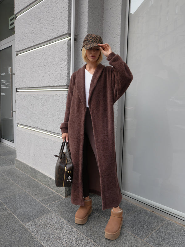 Long Cardigan Angora Wool Chocolate Brown