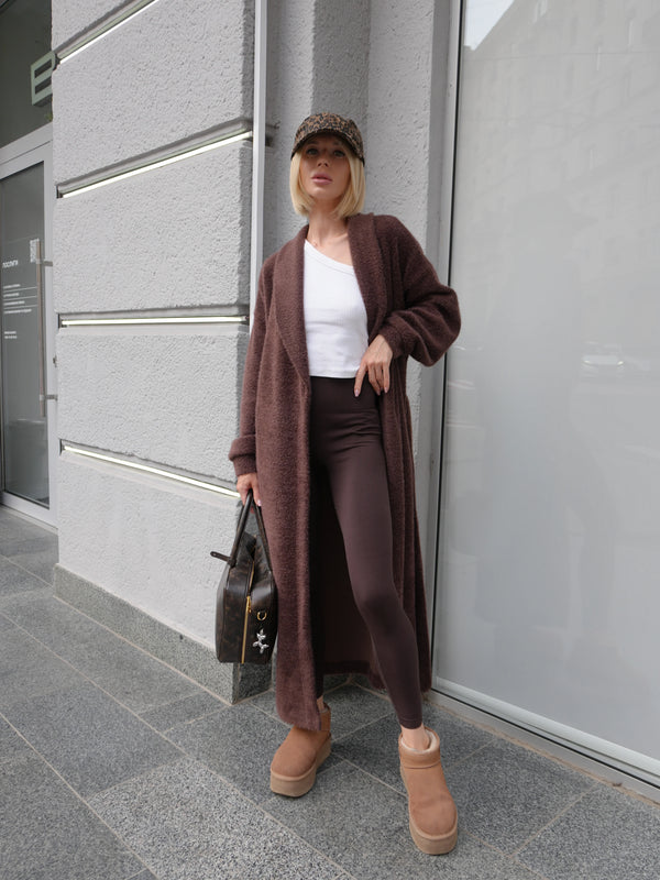 Long Cardigan Angora Wool Chocolate Brown