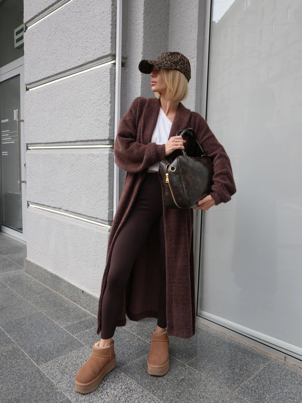 Long Cardigan Angora Wool Chocolate Brown