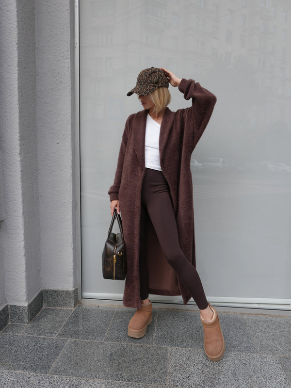 Long Cardigan Angora Wool Chocolate Brown
