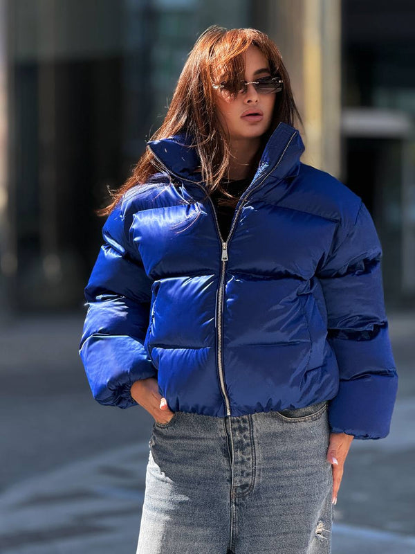 Glossy Hooded Puffer Jacket (Cobalt Blue)