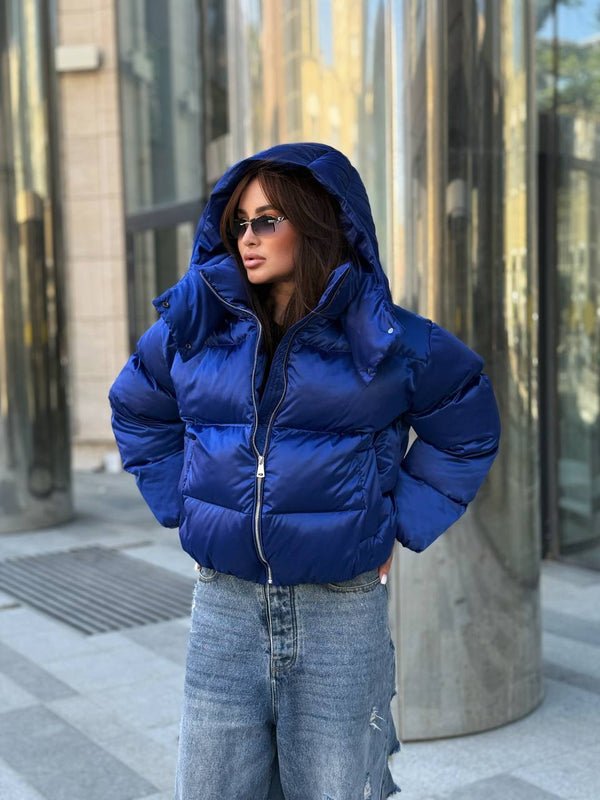 Glossy Hooded Puffer Jacket (Cobalt Blue)
