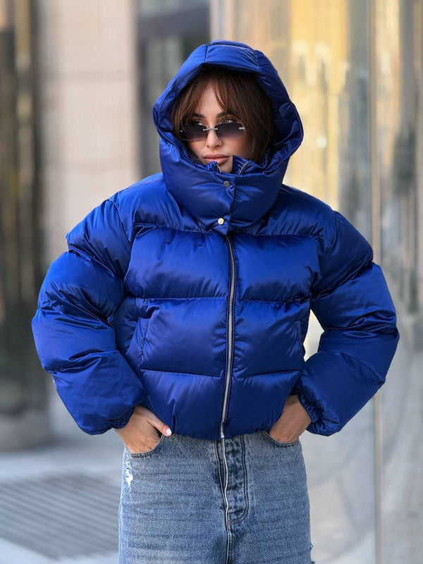 Glossy Hooded Puffer Jacket (Cobalt Blue)
