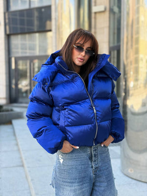 Glossy Hooded Puffer Jacket (Cobalt Blue)