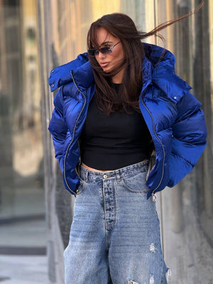 Glossy Hooded Puffer Jacket (Cobalt Blue)