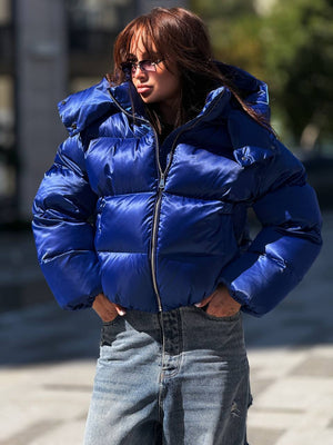 Glossy Hooded Puffer Jacket (Cobalt Blue)