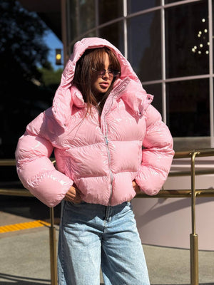 Glossy Hooded Puffer Jacket (Pink)