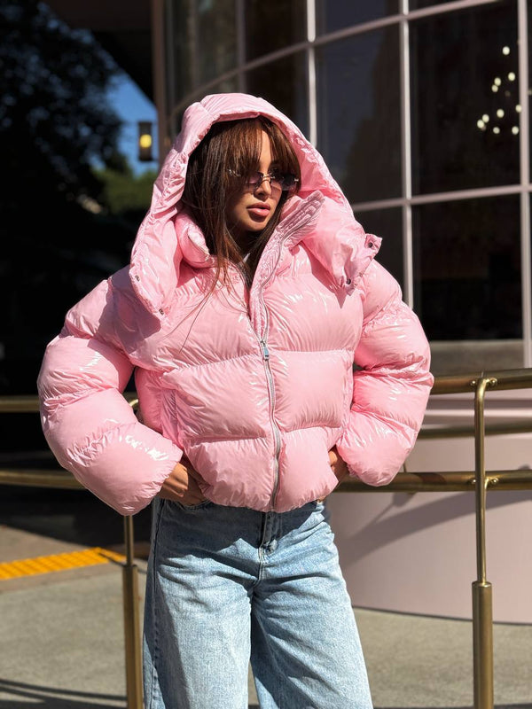 Glossy Hooded Puffer Jacket (Pink)