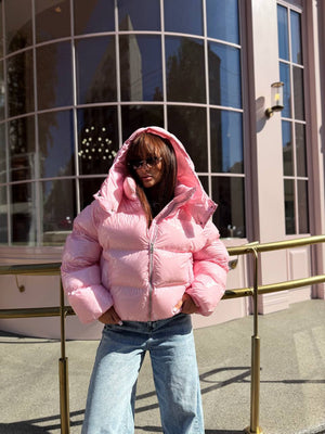 Glossy Hooded Puffer Jacket (Pink)