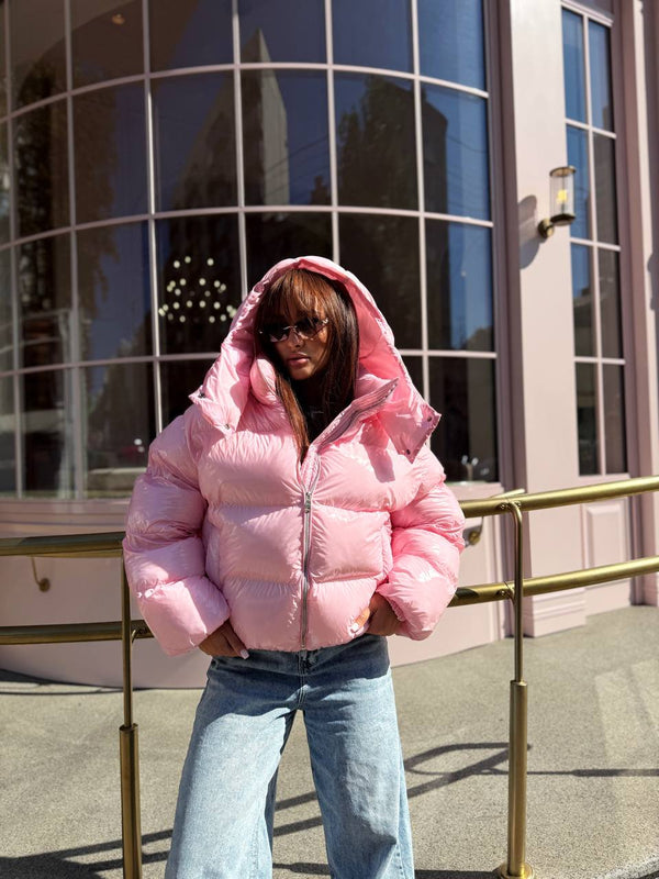 Glossy Hooded Puffer Jacket (Pink)