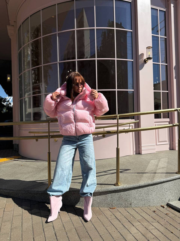Glossy Hooded Puffer Jacket (Pink)