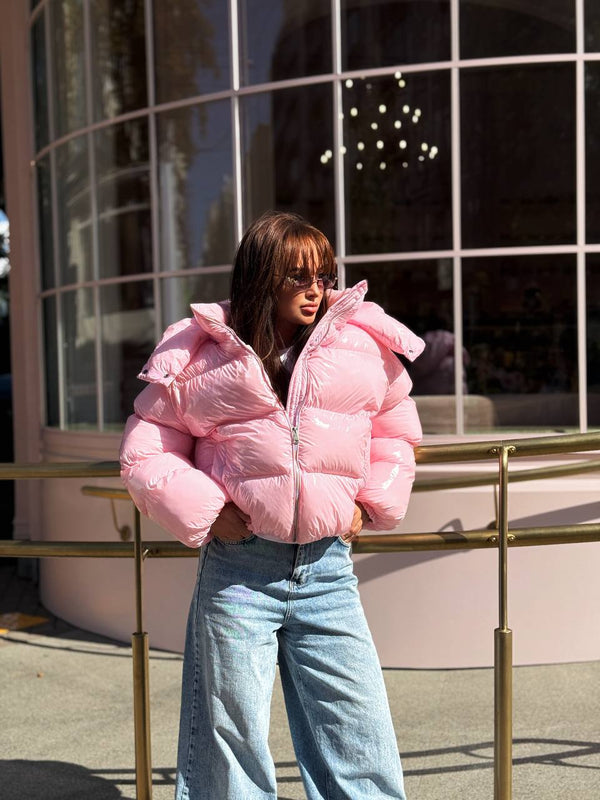 Glossy Hooded Puffer Jacket (Pink)