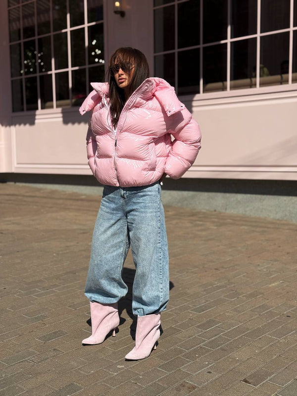 Glossy Hooded Puffer Jacket (Pink)
