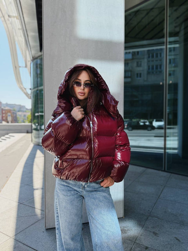 Glossy Hooded Puffer Jacket (Bordo)