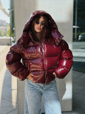 Glossy Hooded Puffer Jacket (Bordo)