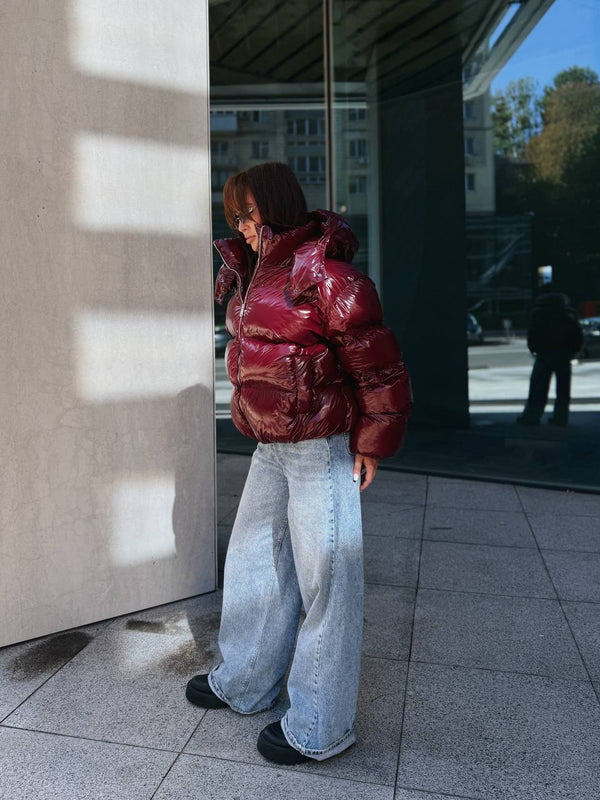 Glossy Hooded Puffer Jacket (Bordo)