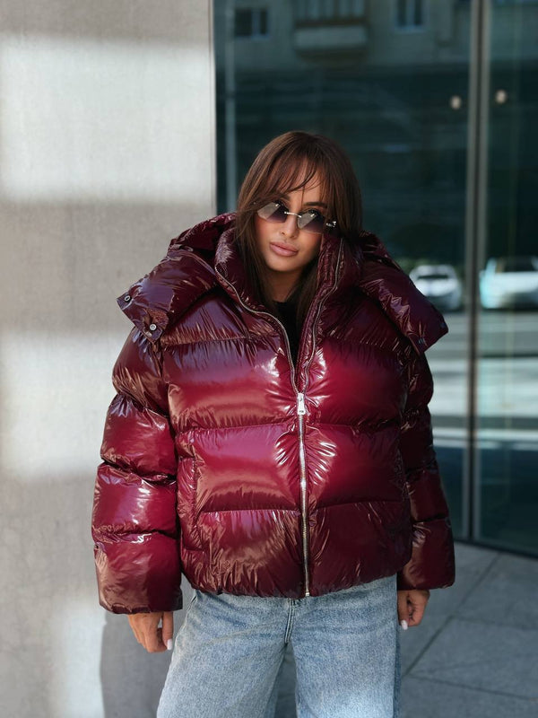 Glossy Hooded Puffer Jacket (Bordo)
