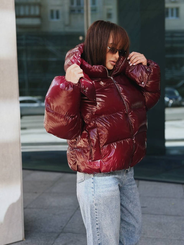 Glossy Hooded Puffer Jacket (Bordo)