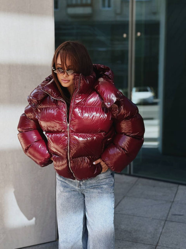 Glossy Hooded Puffer Jacket (Bordo)