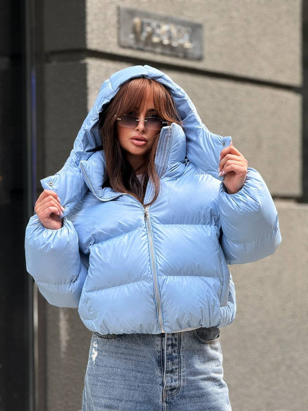 Glossy Hooded Puffer Jacket (Blue)