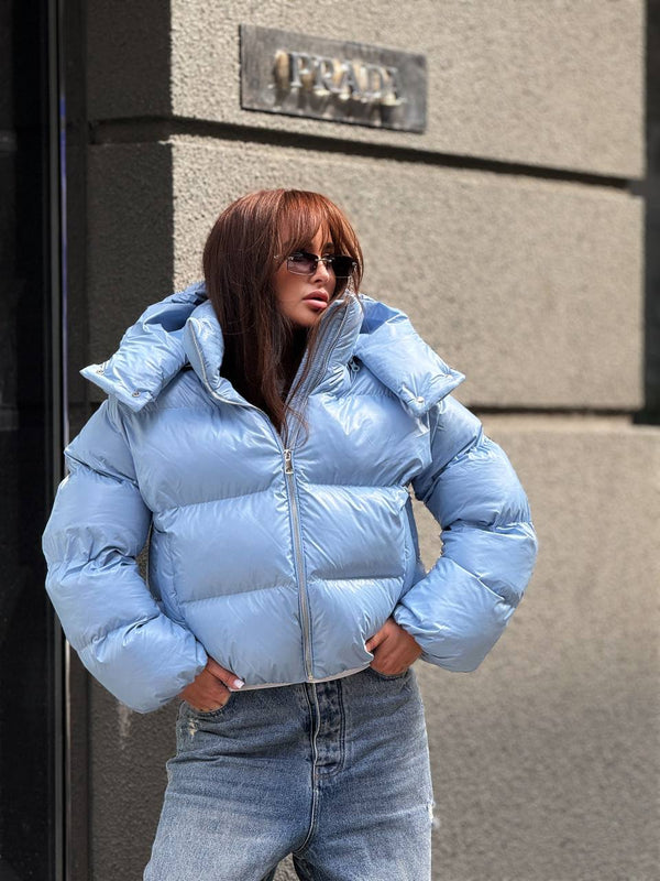 Glossy Hooded Puffer Jacket (Blue)