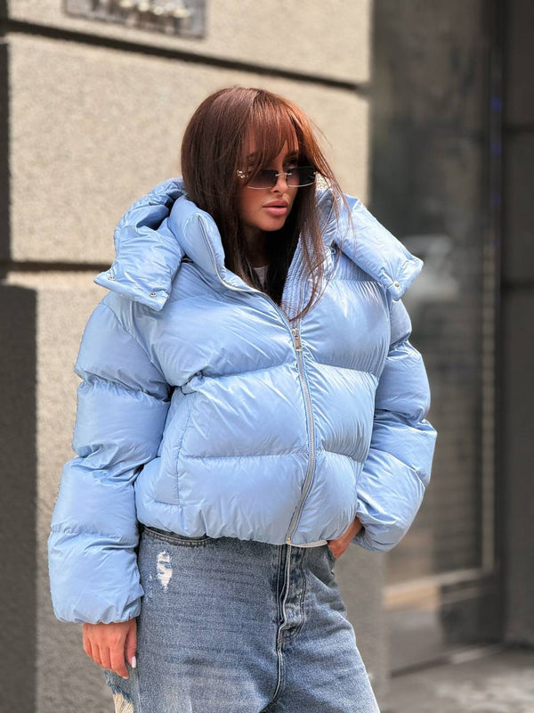Glossy Hooded Puffer Jacket (Blue)