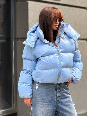 Glossy Hooded Puffer Jacket (Blue)