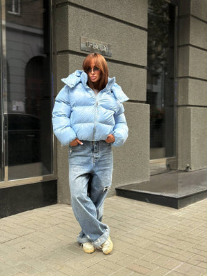 Glossy Hooded Puffer Jacket (Blue)