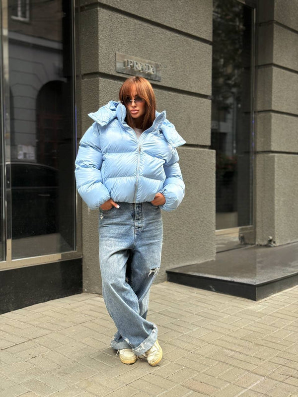 Glossy Hooded Puffer Jacket (Blue)