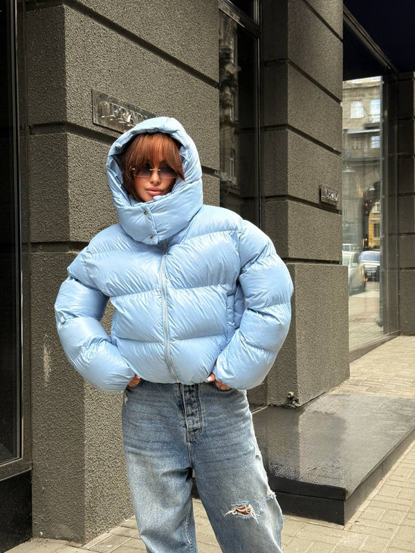 Glossy Hooded Puffer Jacket (Blue)