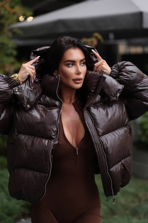 Glossy Hooded Puffer Jacket (Chocolate)