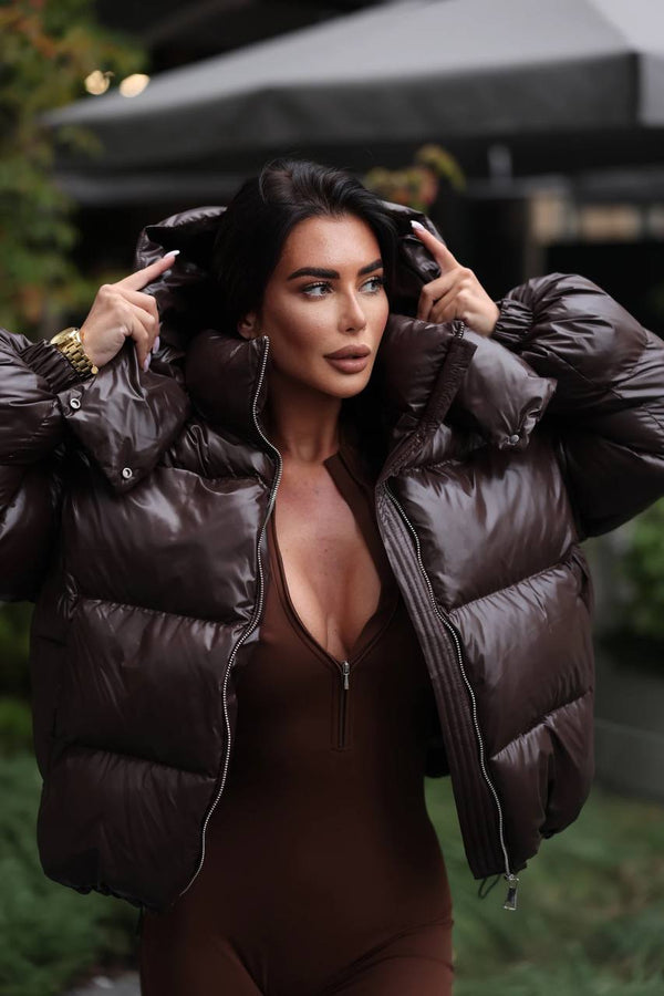 Glossy Hooded Puffer Jacket (Chocolate)