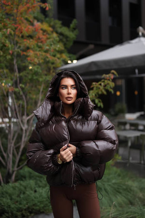 Glossy Hooded Puffer Jacket (Chocolate)