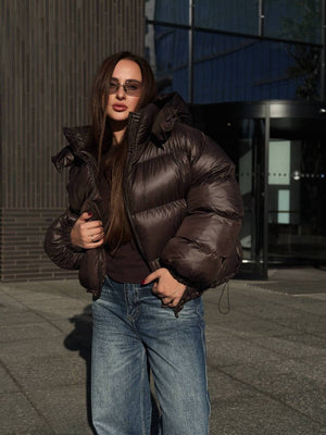 Glossy Hooded Puffer Jacket (Chocolate)
