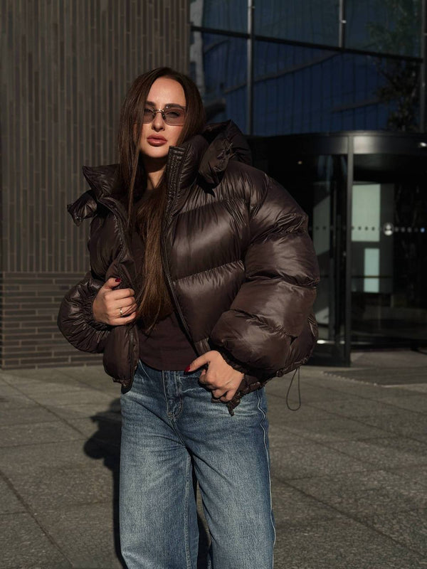 Glossy Hooded Puffer Jacket (Chocolate)