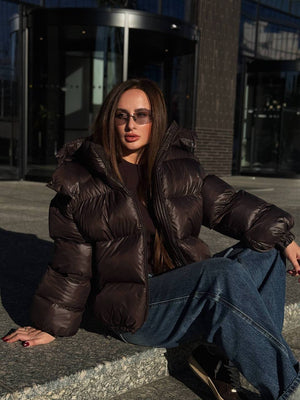 Glossy Hooded Puffer Jacket (Chocolate)