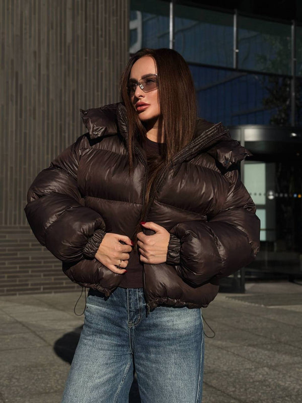 Glossy Hooded Puffer Jacket (Chocolate)