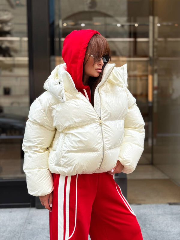 Glossy Hooded Puffer Jacket (Beige)