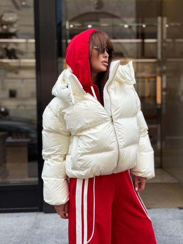 Glossy Hooded Puffer Jacket (Beige)