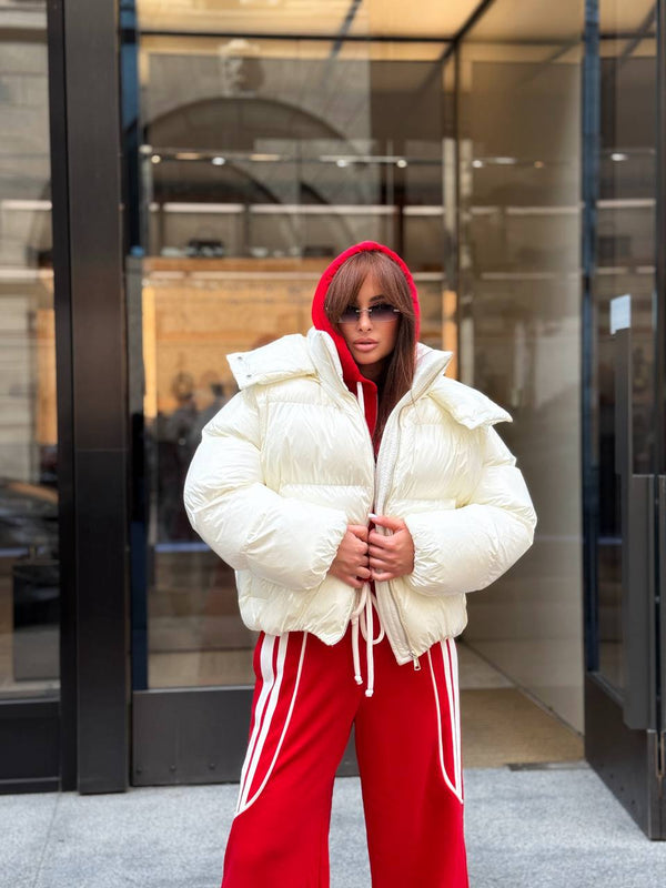 Glossy Hooded Puffer Jacket (Beige)