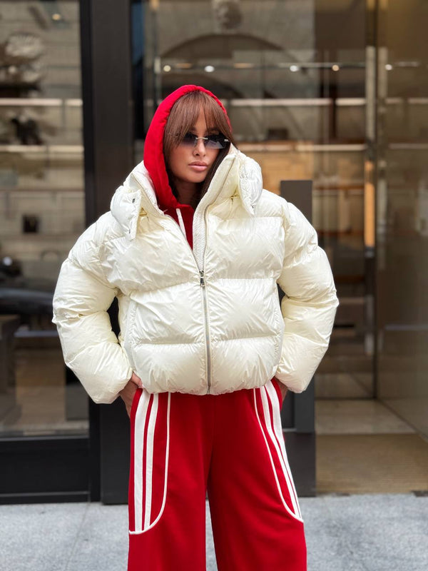 Glossy Hooded Puffer Jacket (Beige)